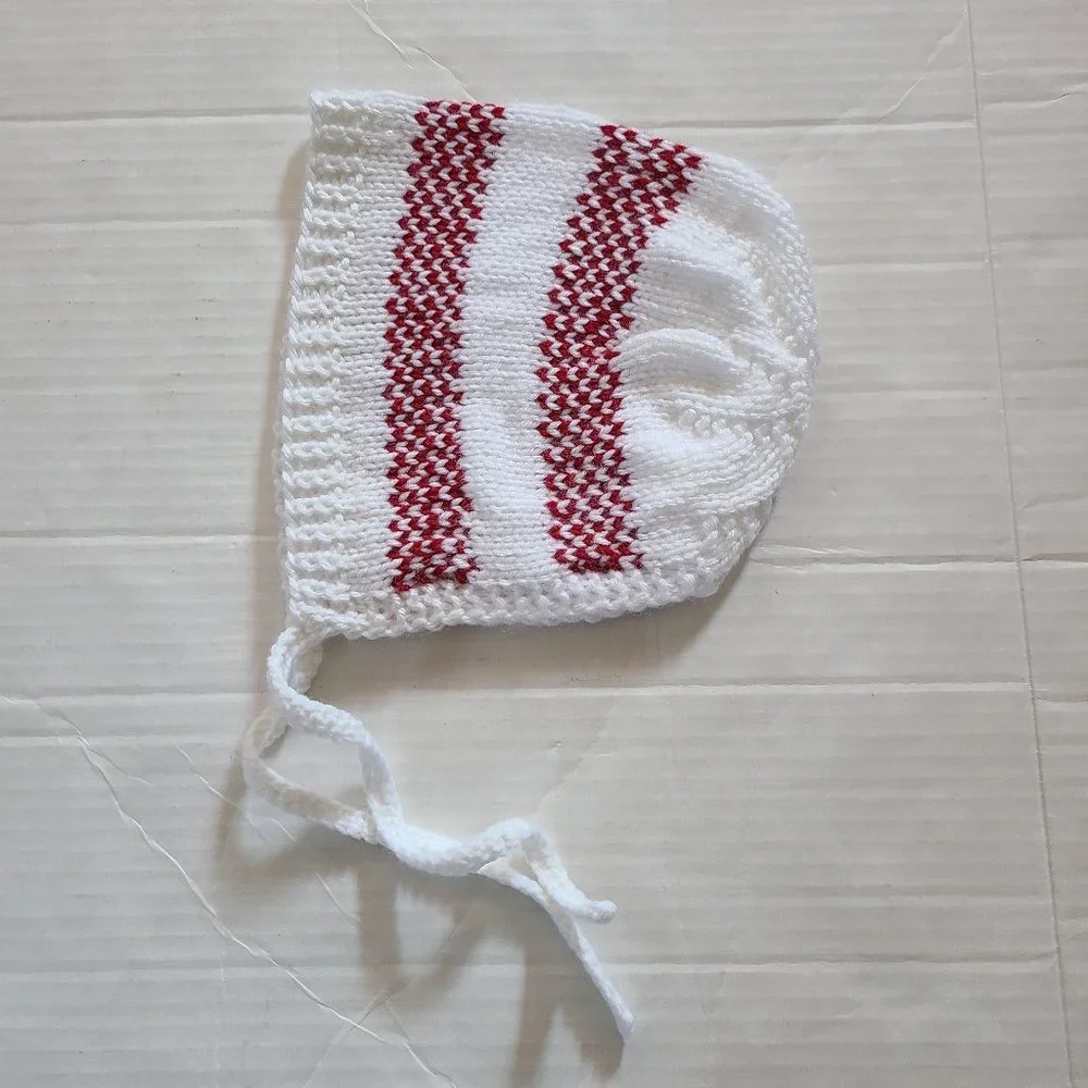 Baby Girl Knit Hat Bonnet White Red Front Tie Handmade Size 5-9 Months